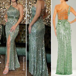 Mac Duggal 5687 Size 16 Sage Green One Shoulder Corset Back Long Maxi Gown Dress